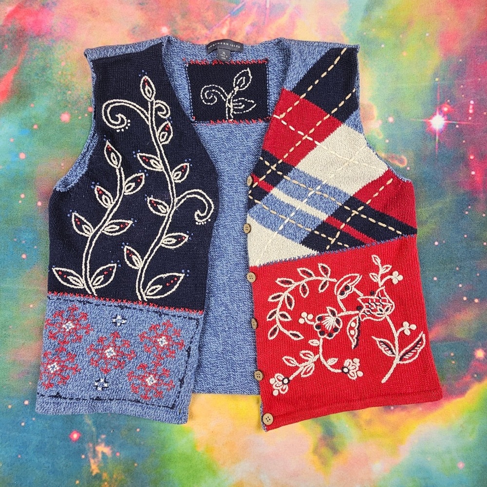 Vintage Argyle‎ Floral Embroidered Knit Sweater Vest Sleeveless Top
